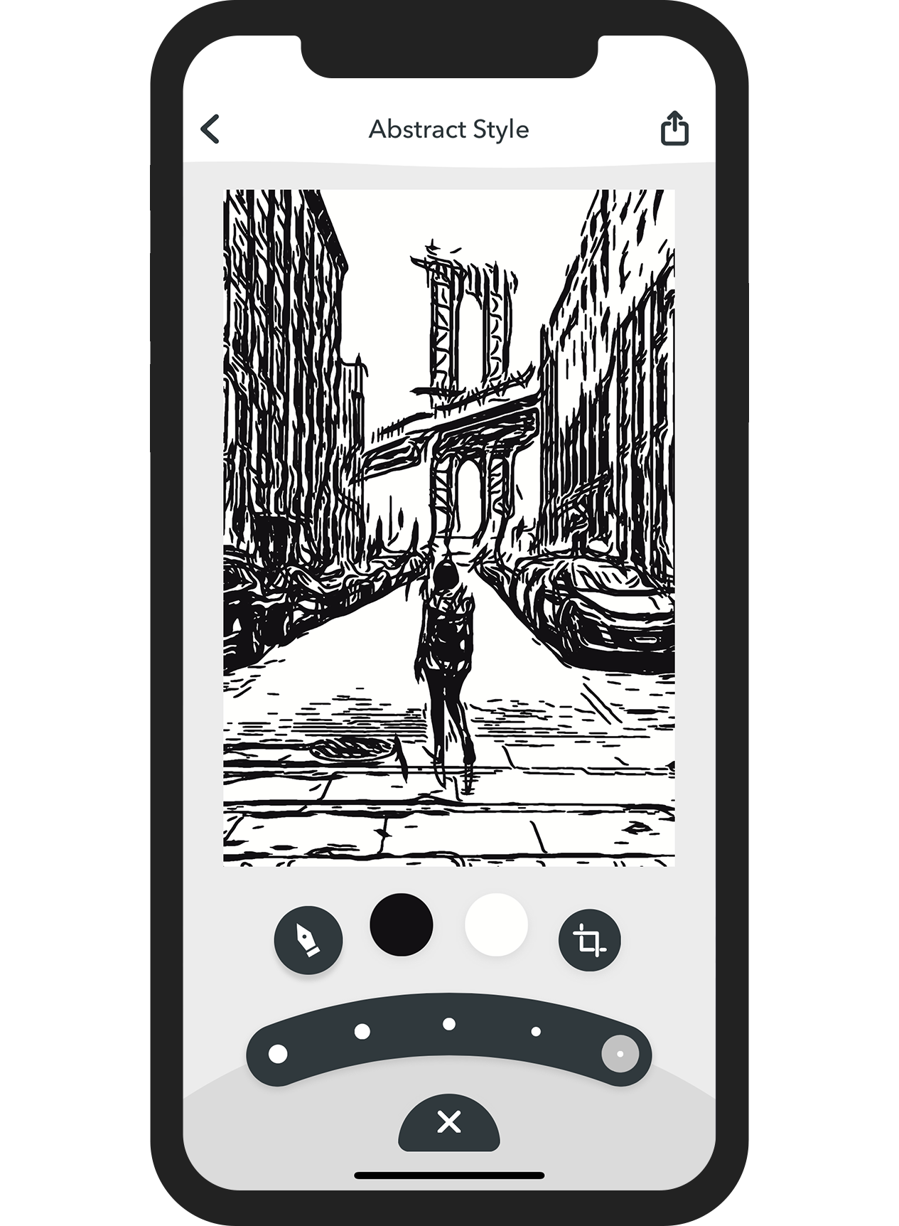iPhone running Inkwork showing a photo transformed into an ink drawing