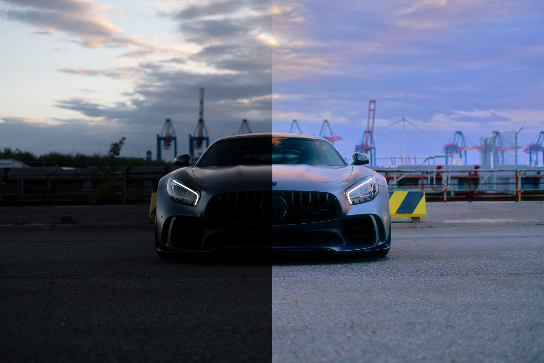 Before and after comparison of a night photo of a car fixed with Brightly