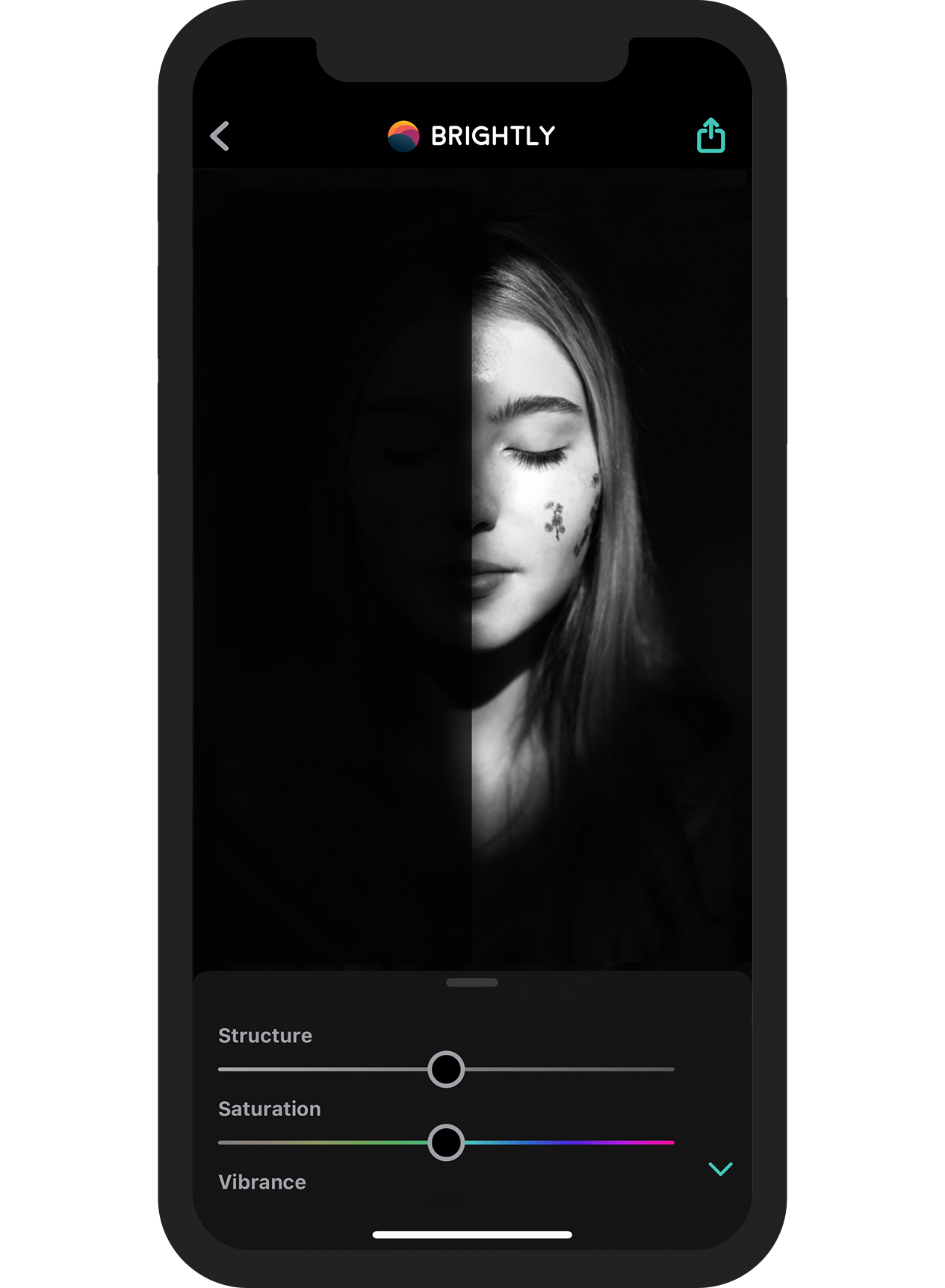 iPhone running Brightly showing a dark photo being fixed