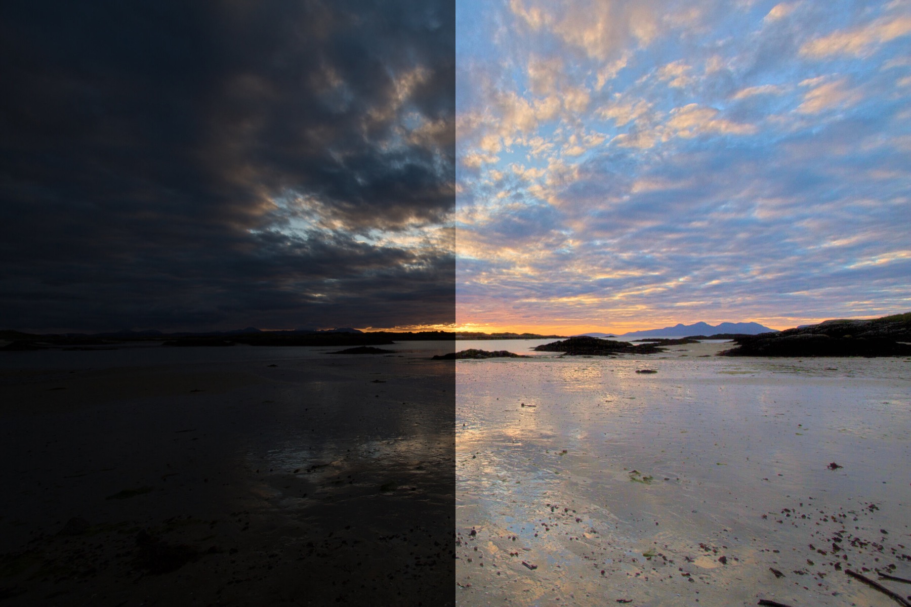 Before and after comparison of a beach photo fixed with Brightly