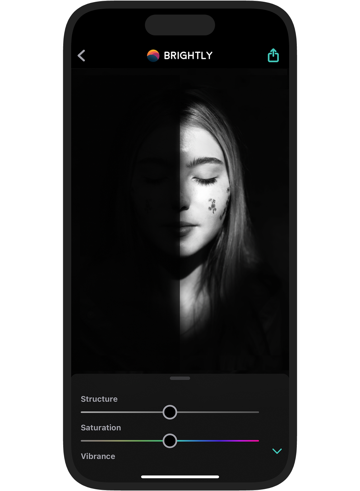 iPhone running Brightly showing a dark photo being fixed