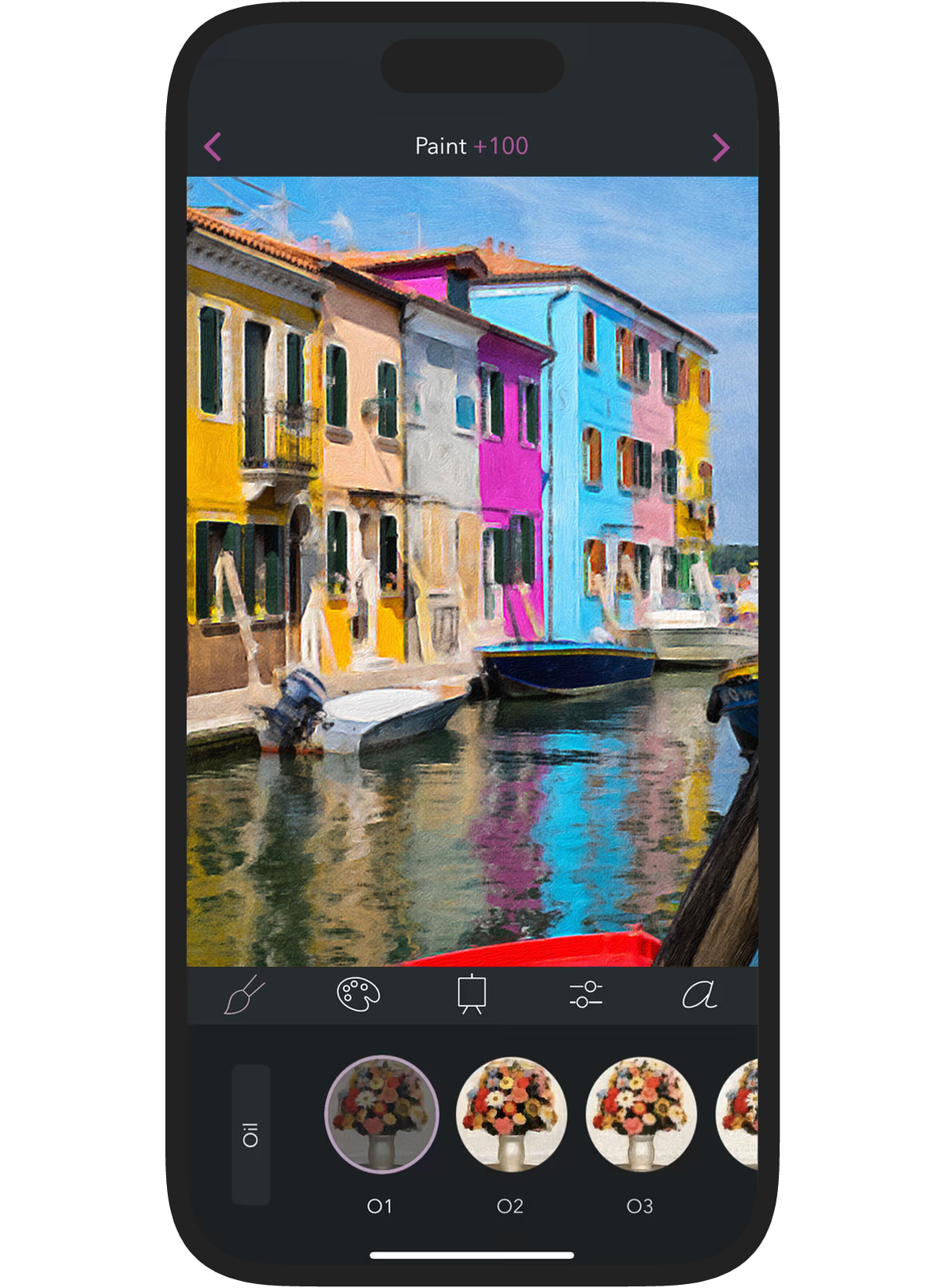 iPhone running Brushstroke, choosing an oil style for a photo of colorful canal houses
